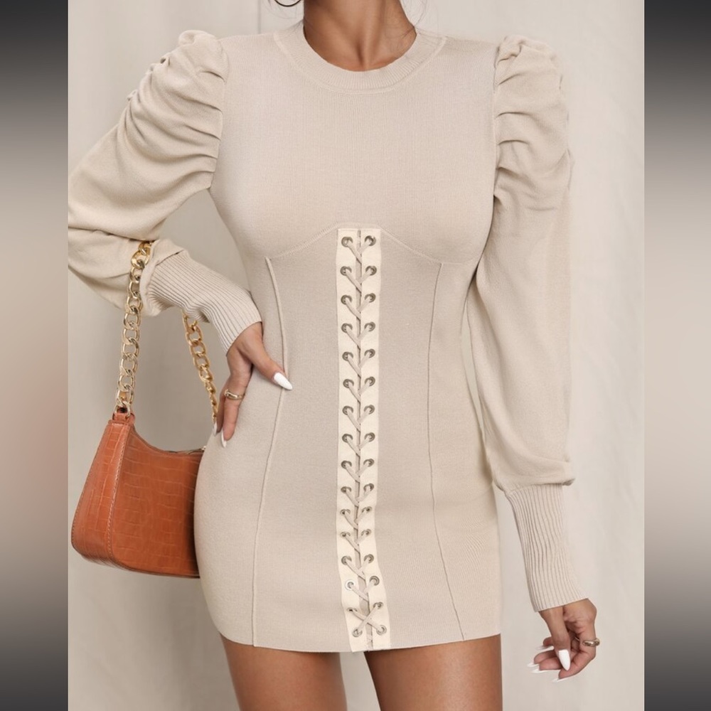 Puff Sleeve Grommet Lace Up Sweater Dress